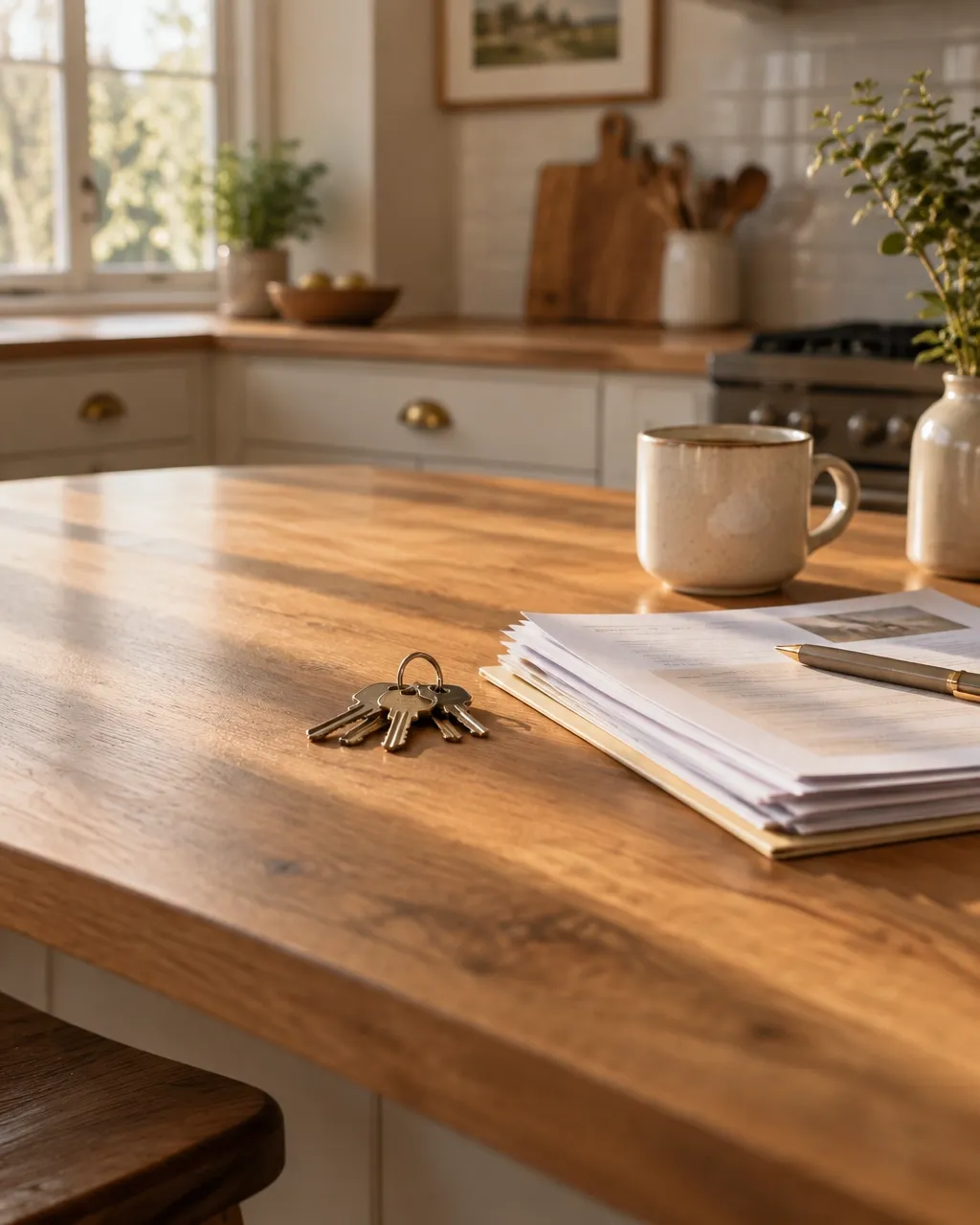 Sunlit kitchen with house keys and property paperwork